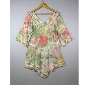 Boho Coastal Creations Womens One Size Multicolor Floral Crochet Trim Tunic Top